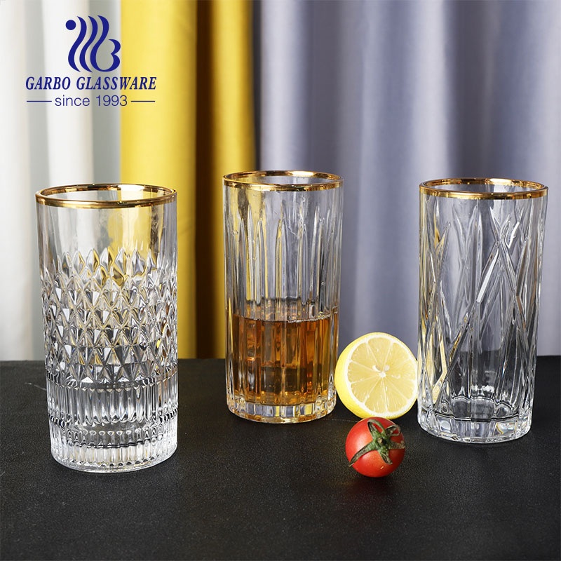 Top Seller Engraving Glass Cup with Gold Rim 14oz Long Drink Glass Juice Tumbler – Glass Cup and Glass Tumbler price