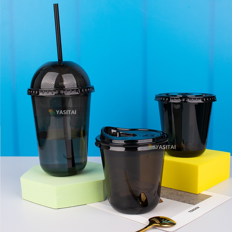 Factory Low MOQ Pet Black Color Boba Tea Cup with Customization Available 12oz 14oz 16oz 24oz for Christmas and Halloween Using – Plastic Cups for Juice and Plastic Cups for Beer price