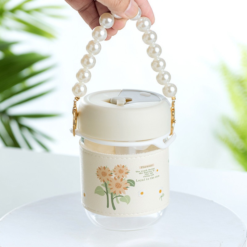 350ml Coffee or Juice Water Glass Drinking Fashion Girls Water Bottle Mug Cup with Pearl Handle for Home School – Cup with Pearl Cup Chain and Glass Drinking Cup with Straw price