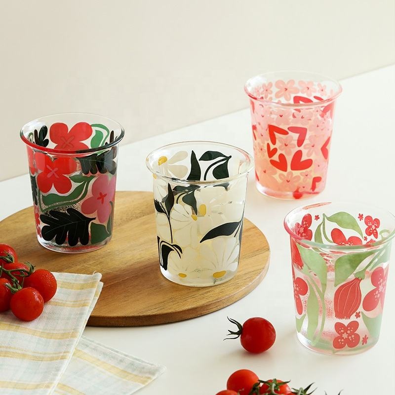 350ml Ins Creative Flower Printed Retro Glass Water Juice Coffee Tumbler Vintage Drinking Glass Cups – Glass Cups and Drinking Glass Cups price