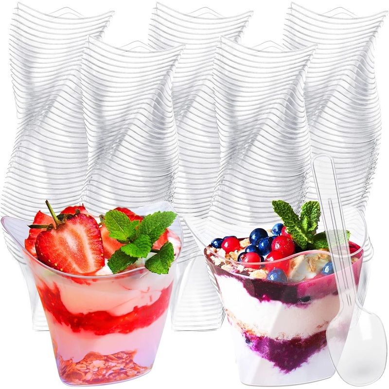 Disposable Plastic Dessert Cups Lids 4.5 Oz Mini Clear Cups Spoons Triangular Parfait Appetizer Tumbler Mousse Fruit – Mifoci 100 PCS 5 Oz Pink Disposable Cups and Mini Square Plastic Dessert Appetizer price