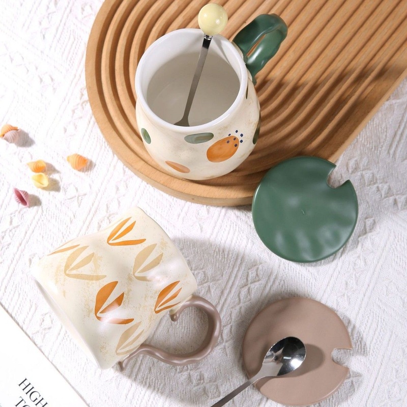 High Quality Retro Simple Ceramic Cup with Lid and Spoon Light Luxury Home Milk Coffee Tea Cup for Party – Ceramic Mug and Mugs Ceramic price