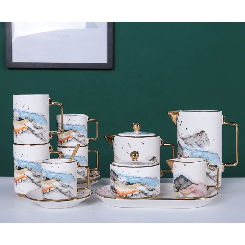 Nature Mountain Pattern Decal Gold Ceramic Drinkware Coffee Tea Set – Coffee Tea Set and Ceramic Drinkware Set price