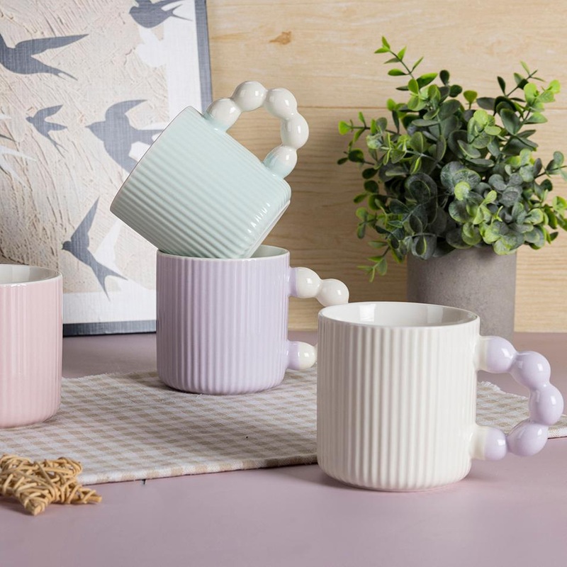 New Products Nordic Minimalism Modern Chinese Elegant Pastel Ribbed Texture Ceramic Mug with Bead Handles – Modern Ceramic Mug and Elegant Mug price