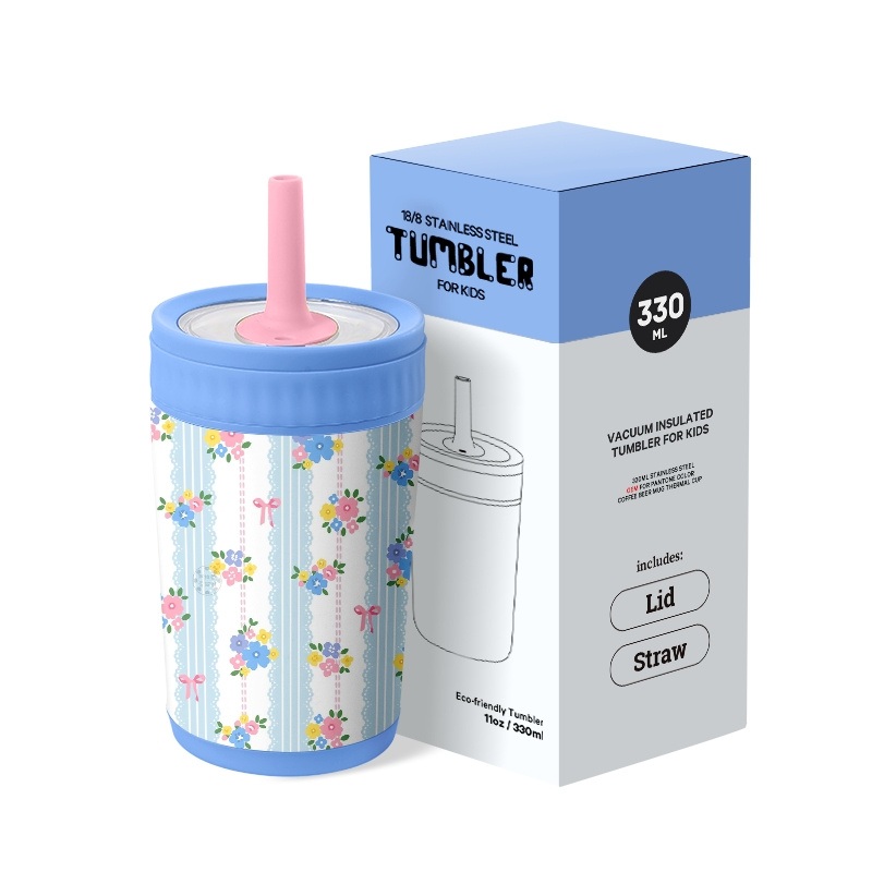 Custom Logo Kids 11/16oz Double Wall Stainless Steel Vacuum Mug BPA Free Tumbler with Soft Silicon Straw Lid – Kids Water Bottle and Children Drinking Bottle price