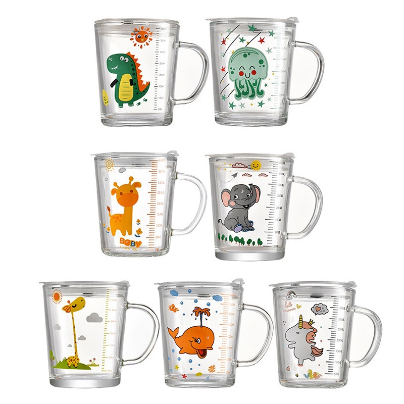 400ml Printed Glass Measuring Cartoon Mugs Milk Water Baby Drink Straw Cup Cute Cups Kids Tumbler with Lid and Scale – Water Cup and Glass Mug price