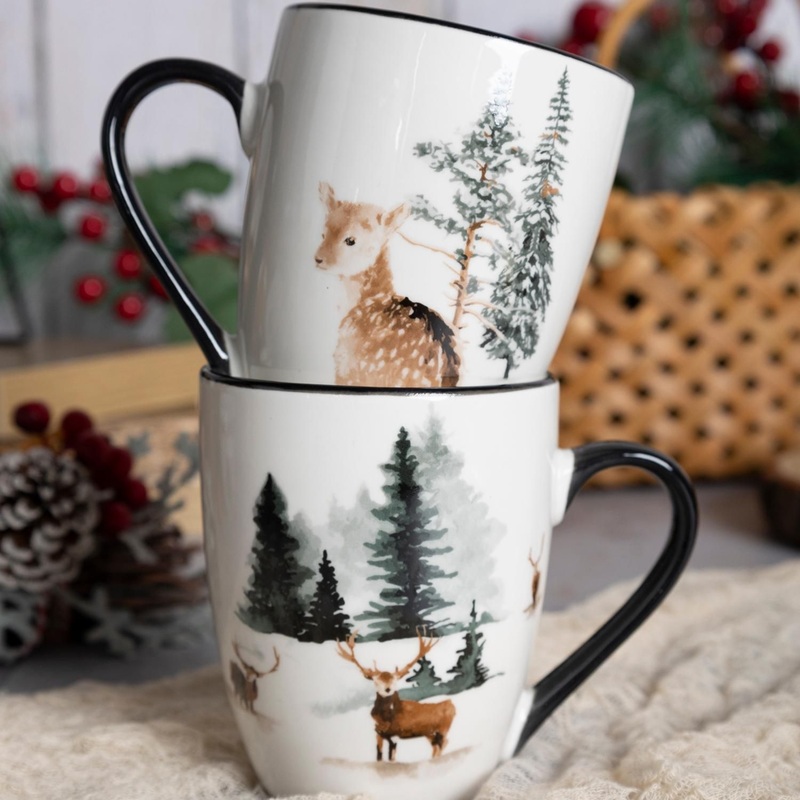 Customized New Design Promotional Wholesale Nordic Vajillas 340ml Porcelain Ceramic Mug Printed with Trees/Deer/Squirrels Christmas Coffee Mug – Mug Cup and Wholesale Ceramic Mug Cup price