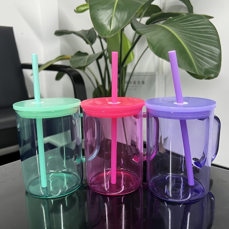 17oz Colorful Transparent Glass Water Bottle Handle Clear Tumbler Coffee Mug Cup with Straw Handle Lids – 17oz Sublimation Blank Glass Cup Coffee Mug and Bulk Colored 17oz Clear Jelly Glass Mugs price