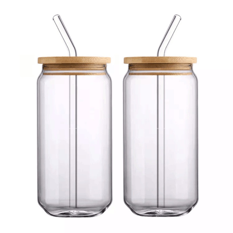 Bubble Tea Glass Cup with Bamboo Lid and Straw Transparent Beer Can Glass Portable Coffee Cup Cold Drinkware Milk Cola – Glass Cup and Glass Straw Cup price