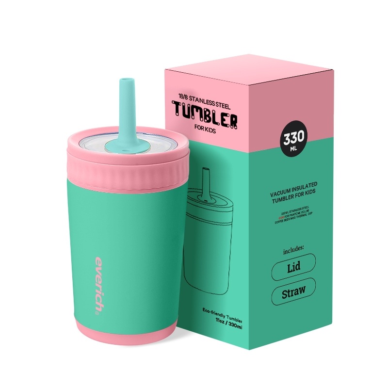 OEM Everich Children 11/16oz Double Wall Stainless Steel Vacuum Bottle BPA Free Tumbler with Soft Silicon Straw Lid – Kids Water Bottle and Children Drinking Bottle price