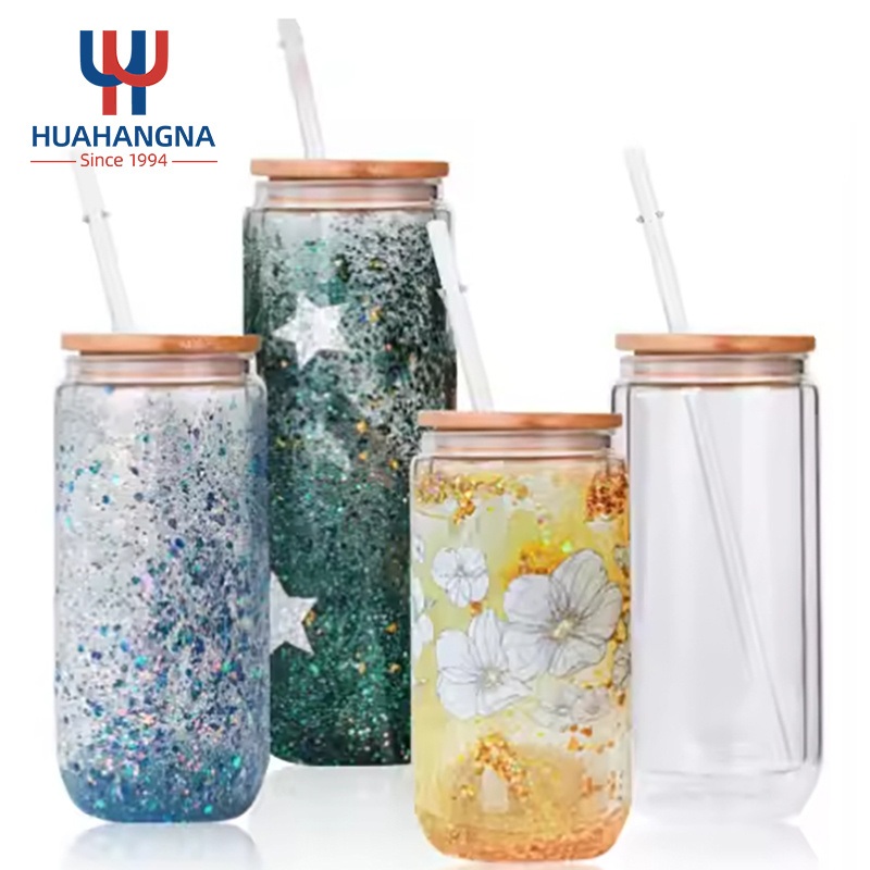 16oz 20oz Can Shaped Glassware Double Walled Drinking Water Glass Tumbler with Bamboo Lid and Straw for Sublimation Printing for DIY Snow Globe – Glass Tumbler and Water Tumbler price