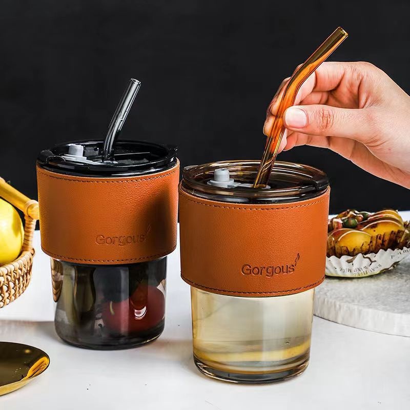 One Container Large Quantity Hot Sale Stocked 450ml Glass Sublimation Iced Travel Coffee Mug Cups with Leather Cup Cover – Glass Cup and Glass Straw Cup price