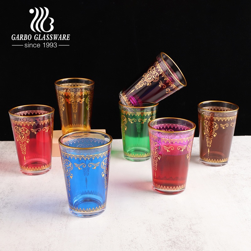 Wholesale High-End Gift Morocco France Style Customized Spraying Colored Red Glass Water Tea Drinking Cup Tumbler with Arabic Golden Design for Home Use – Glassware and Glass Drinking Cup price