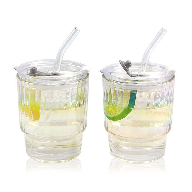 for Sale 400ml Colorful Milk Coffee Cup Mug Water Cup with Glass Straw and Glass Lid – 400ml Glass Cup and Glass Cup Mug price