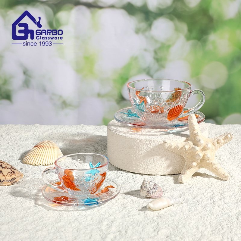 Garbo 2025 New Trend Ocean Series Glassware Spray Color 3oz 80ml Glass Tea Cup Set with Saucer Set for Afternoon Tea – Glass Tea Cup Set and Glass Cup Set price