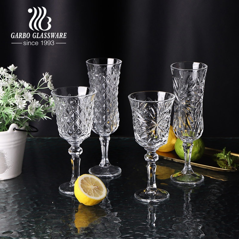 New Design Engraved Glass Stemware Wine Glass Cup 160ml Clear Champagne Glass Footed Cups Cocktail Mojito Glass Cups – Emnbossed Footed Glass and Wine Glass price