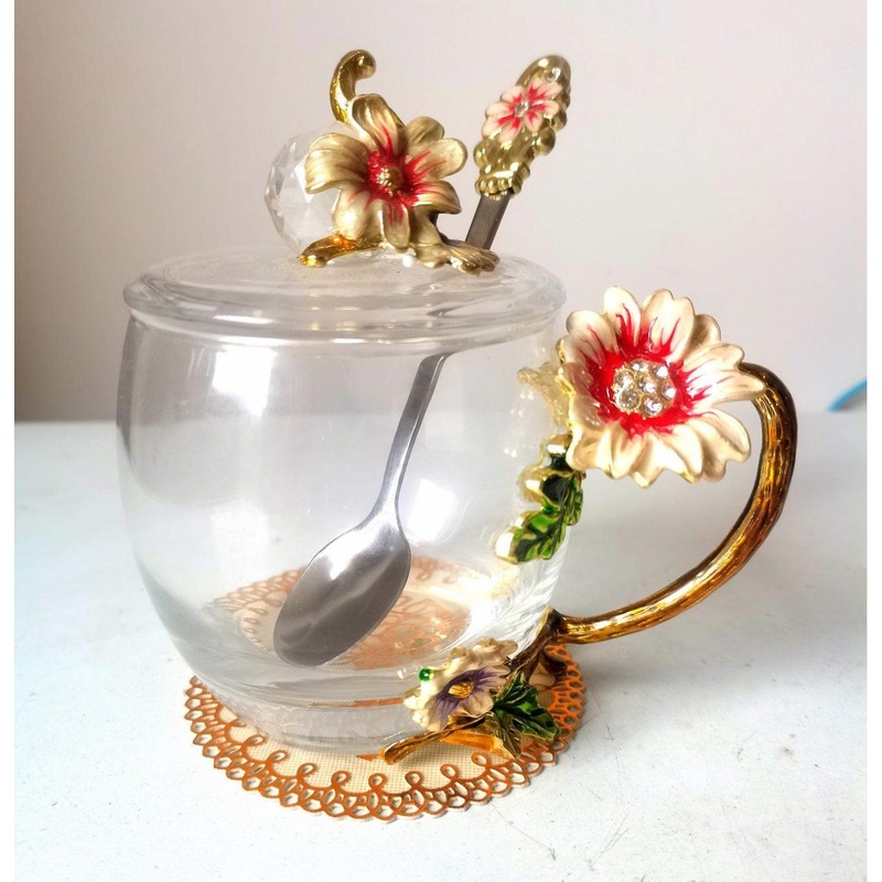 Enamel Handmade Heat-Resistant Crystal Glass Cup with Spoon and Lid – Glass Cup and Glass Cup Set price
