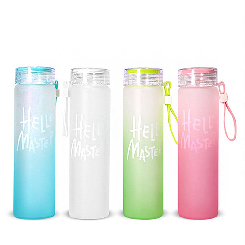 400ml Hot Sale Single Layer Glass Frosted Gradual Color Water Bottle Portable Outdoor Sport Drinking Water Bottle with Lid Rope – Water Bottle and Glass Water Bottle price