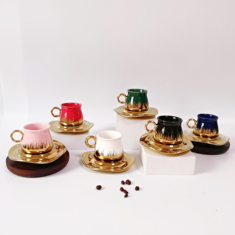 Wholesale Turkish Luxury Golden Colorful Glazed Arabic Ceramic Espresso Set Coffee Cups and Saucers 12PCS Set in Gift Box – Cup and Gift price