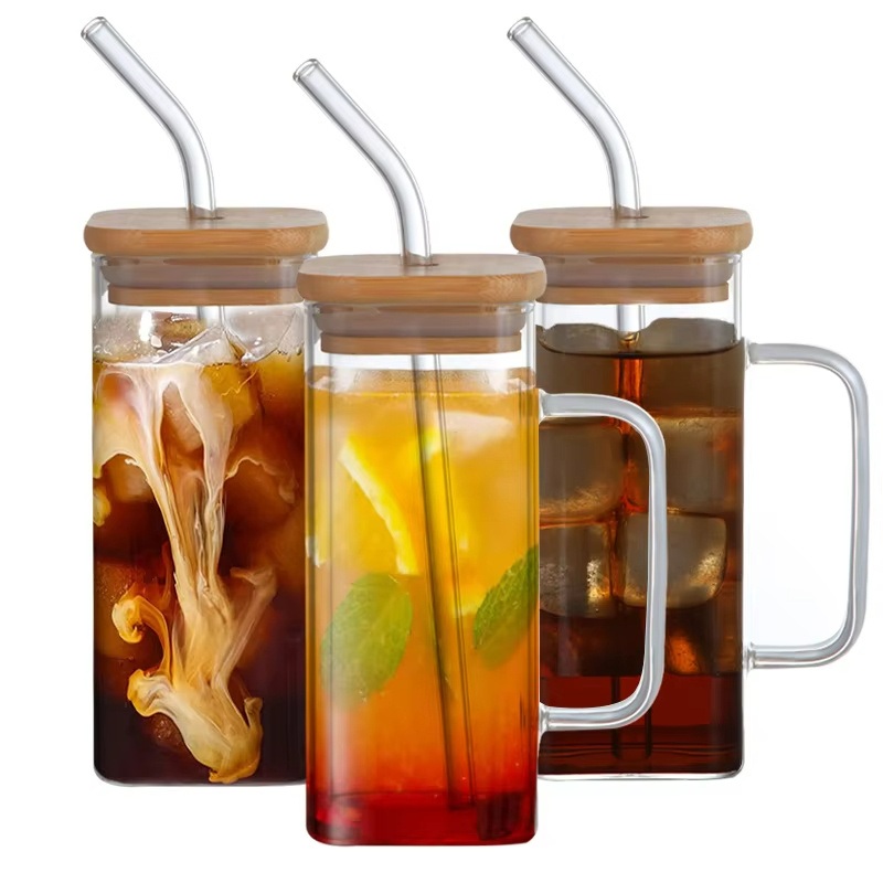 350ml Clear Drinkware Iced Coffee Tea Mug Water Tumbler Dinking Glasses Square Glass Cup with Lid Straw Handle – Square Glass Cup and Glass Tumbler price