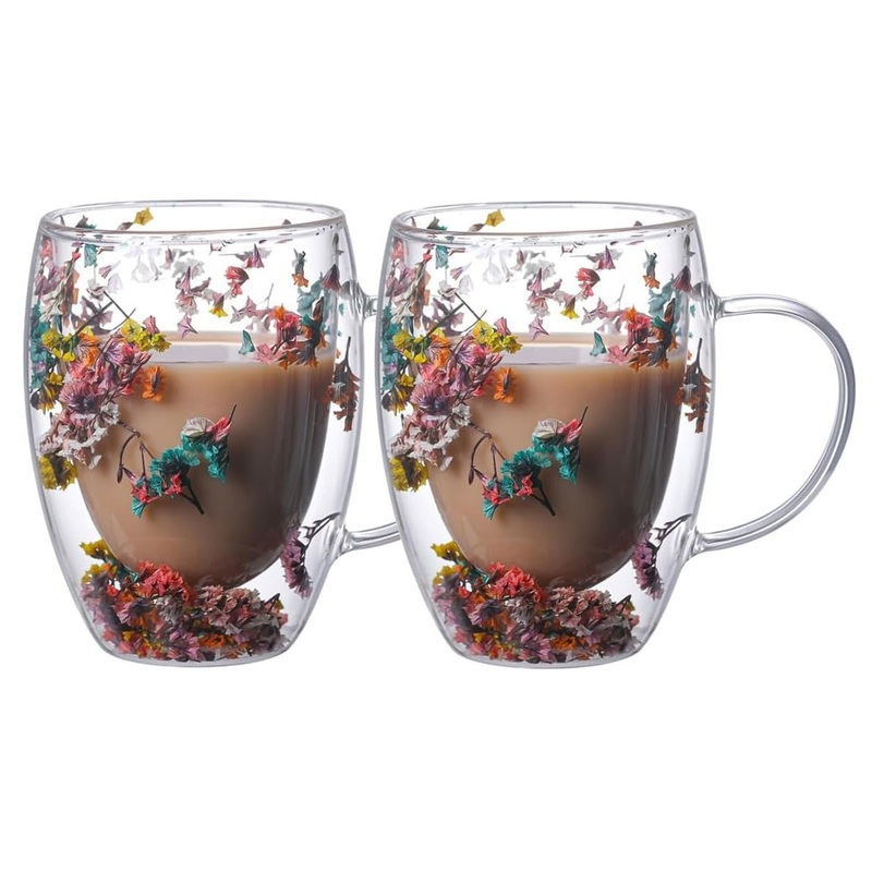 Double Wall Glass Coffee Mug, Espresso Cups for Cappuccino Tea Latte Hot Beverages Insulated Glasses with Flower Inside – Double All Glass and Coffee Glass price