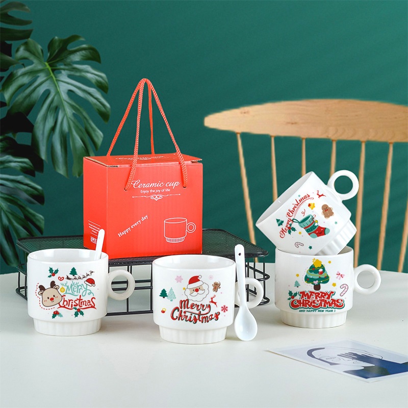 Christmas Creative Ceramic Mug with Spoon Superior Cartoon Mug with Gift Box – Party Supply and Holiday Decoration price