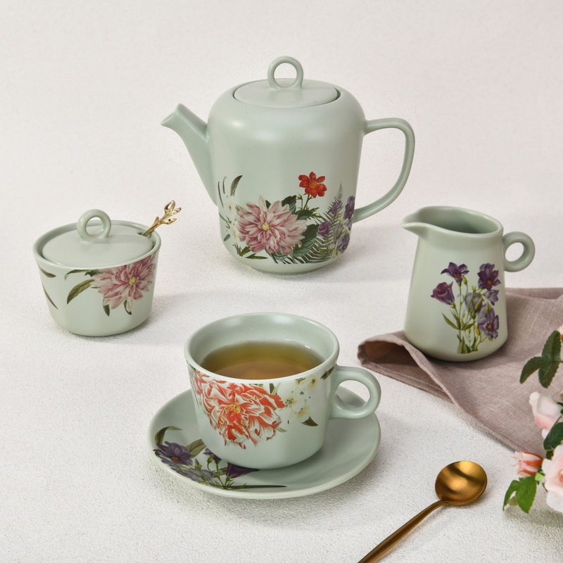 Green Teapot Floral Design Ceramic Coffee Tea Cup & Saucer Porcelain Tea Set – Tea Set and Ceramic Tea Set price