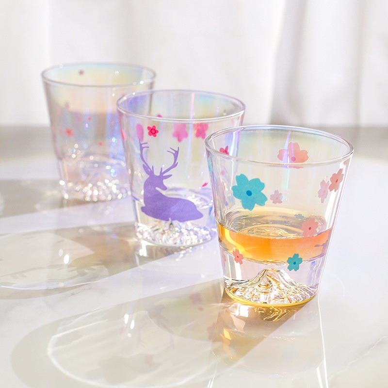 Wholesale Old Fashion Creative Crystal FUJI Mountain Round Shape Thick Bottom Whisky Shot Iridescent Glass Cup for Water Juice Cup – Glass Cup and Drinking Glasses Colored Can Glass Cup price