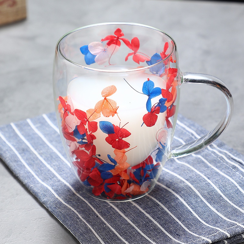 New Design Handmade High Borosilicate Creative Dry Flower Double Wall Glass Mug Cups with Handle – Glass Cup and Double Layer Glass Cup price