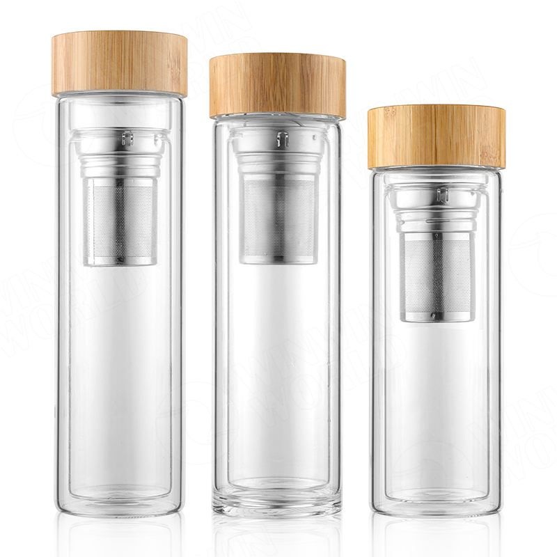 Wholesale Wide Mouth Custom Logo Double Wall Insulated Tea Glass Shaker Fruit Infuser Water Bottle with Bamboo Lid and Sleeve – Infused Water Bottle and Bottle price