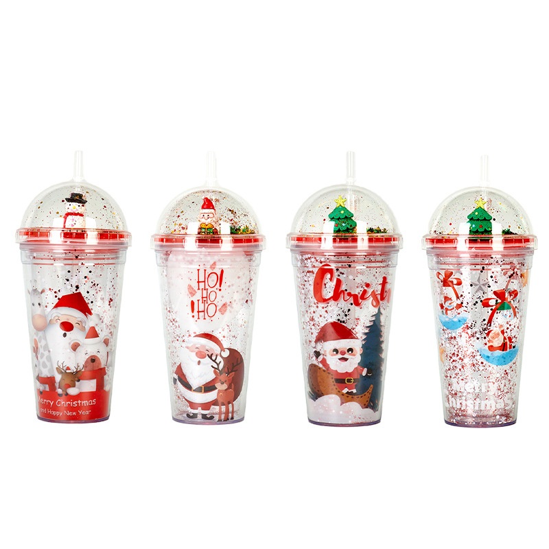 New Micro Landscape Double Straw Plastic Cups Christmas Gift Water Cups Ice Cups Small Fresh Couple Water Cups – Christmas Cups and Printed Mugs price