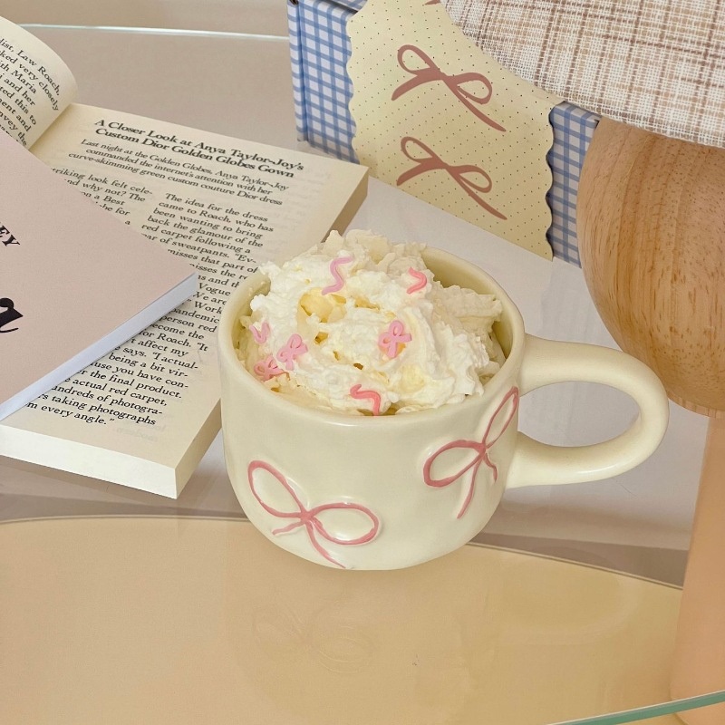 300ml Ceramic Coffee Mug Creative Embossed Bow Coffee Cups with Handles – Customized Ceramics Mugs and Fat Handle Ceramic Mug price