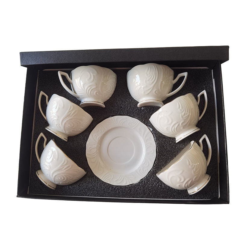 Manufacturer Competitive Price White Simple Embossed Design Porcelain Mug Golden Line Ceramic Coffee Cups and Saucers 12PCS Set with Gift Box for Promotion – Gift and Mug price