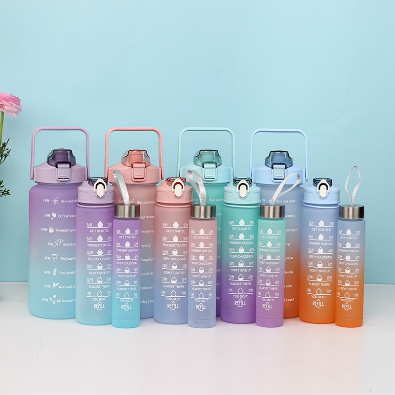 Wholesale Customized Manufacturer Plastic Gradient Colorful Set Large Capacity Frosted Plastic Space Outdoor Sports Water Bottle – Plastic Gradient Water Bottle Set and Large Capacity Bottle price