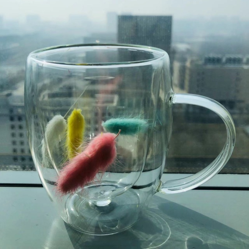 Hot Sale Creative Feather Dried Flower Double Wall Glass Mug for Coffee Milk Hot Water Tea 350ml – Cup Glasses Double Wall and Double Wall Cup Glass with Dried Flowers price