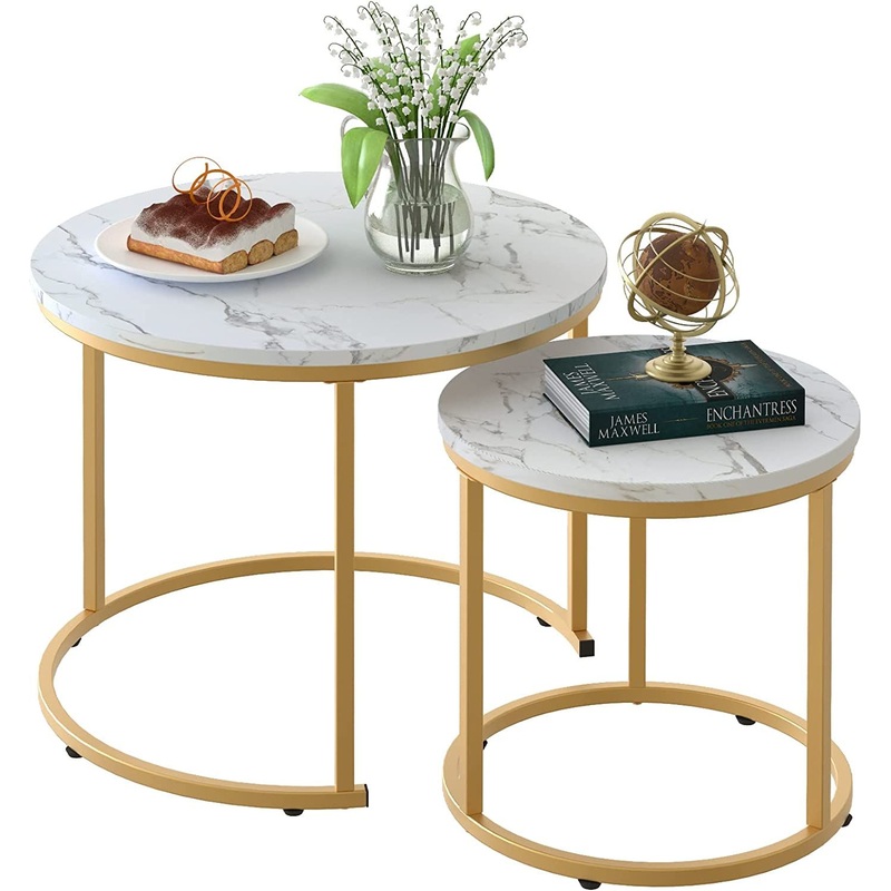 Living Room Round Marble Coffee Table Set with Golden Frame Circular and White Nesting Coffee Table – Coffee Table and Living Room Furniture