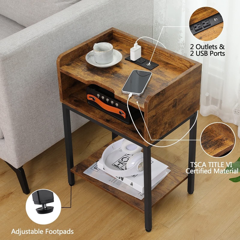 Nightstands Set of 2 with Charging Station and USB Ports 3-Tier End Side Coffee Table with Storage – Nightstands Set of 2 with Charging and 3-Tier Storage Side Table