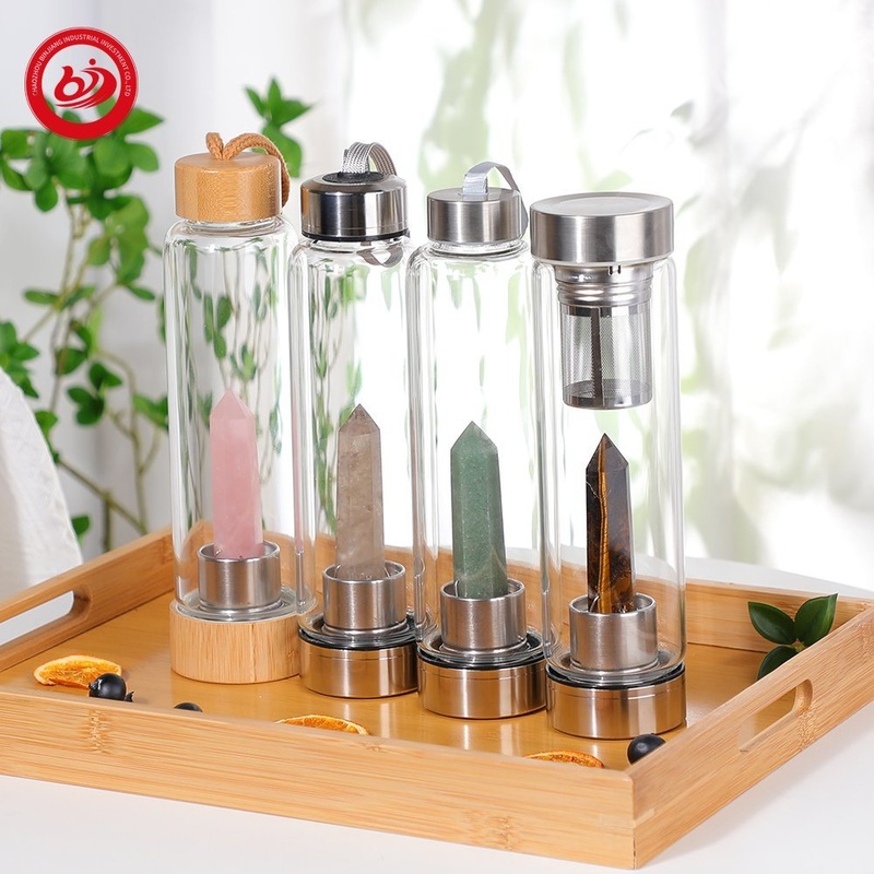 Natural Christmas Gift Crystal Quartz Infused Glass Water Bottle Bamboo Stainless Steel Lid Gemstone Water Bottle with Crystal – Glass Water Bottle and Crystal Water Bottle price