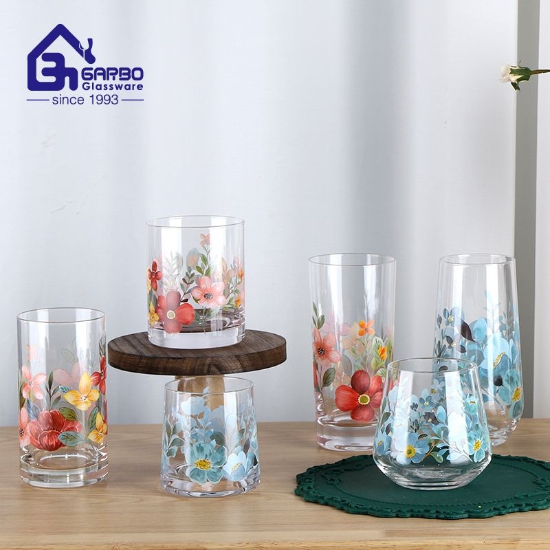 Single Wall Tumbler High Borosilicate Crystal Glassware Full Decal Flower Printing Design – Single Wall Glass Tumbler and 10oz Glass Floral Tumbler price