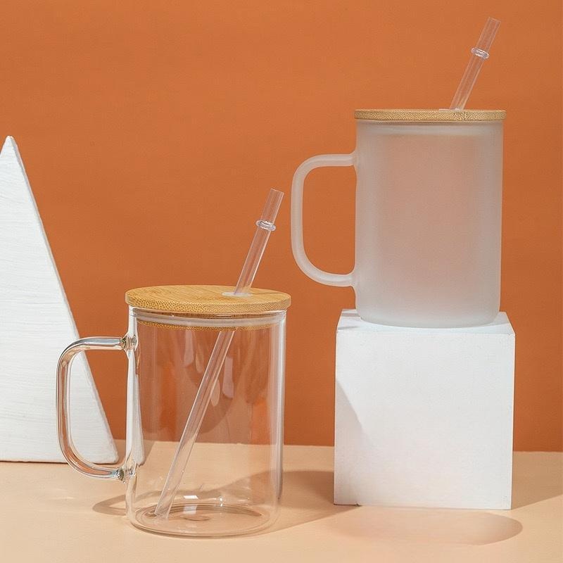 Corporate Gift Heat Transfer Printed 17oz Transparent Sublimation Glass Mug Clear Can Water Cup Bamboo Lid with Handle – Sublimation Glass Mug and Heat Transfer Printed Glass Mug price