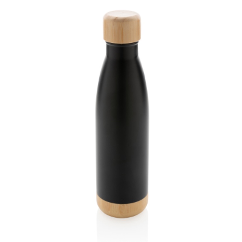 VACUUM STAINLESS STEEL METAL BOTTLE with Bamboo Lid & Bottom in Black – Promise Promo