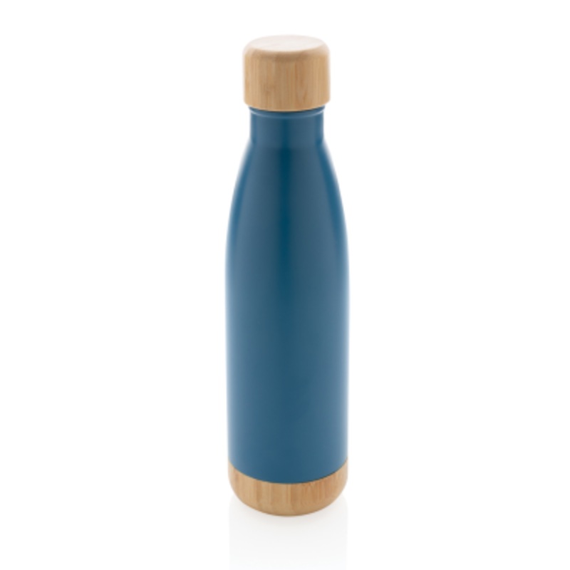 VACUUM STAINLESS STEEL METAL BOTTLE with Bamboo Lid & Bottom in Blue – Promise Promo