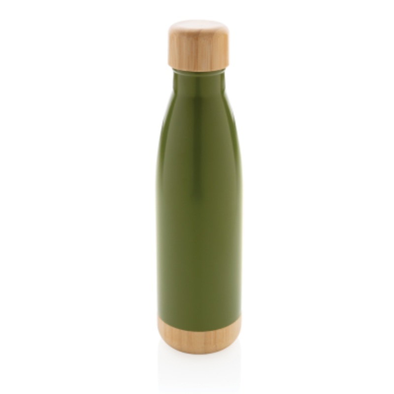 VACUUM STAINLESS STEEL METAL BOTTLE with Bamboo Lid & Bottom in Green – Promise Promo