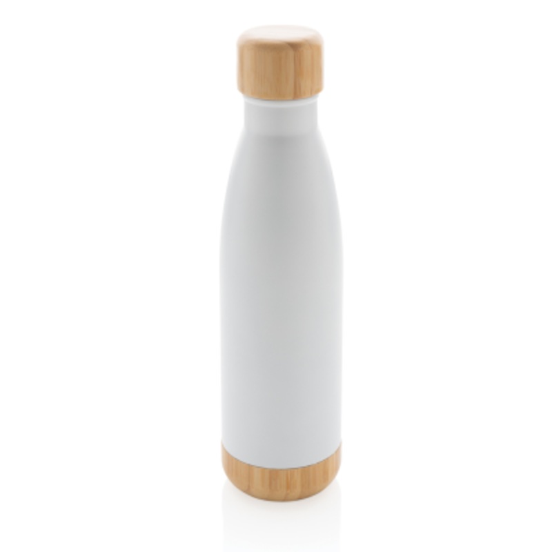 VACUUM STAINLESS STEEL METAL BOTTLE with Bamboo Lid & Bottom in White – Promise Promo